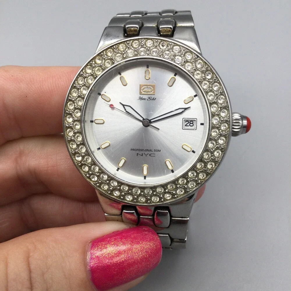 Marc Ecko Womens Watch 40mm Silver Tone Dial Crystal Bezel Date New Battery 7